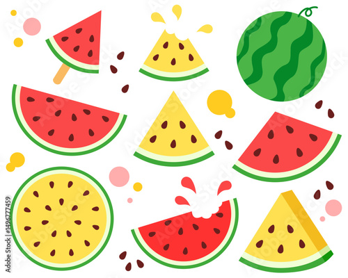 Red and yellow watermelon fruit slice set, Summer fruit collection, Vector illustration.