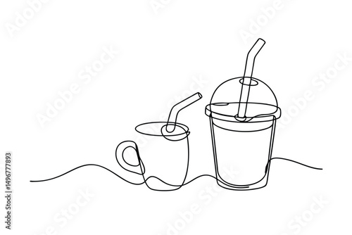 Continuous Line Drawing Of Coffee Cup And Smoothie Beverage Vector Illustration