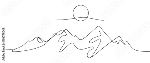 Simple mountain landscape with sun drawn in continuous line