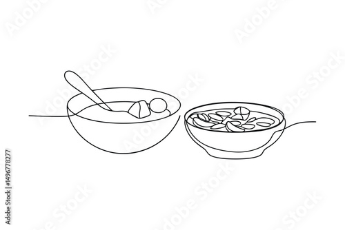 Minimalist Continuous Line Drawing Of Two Bowls With Food Ingredients