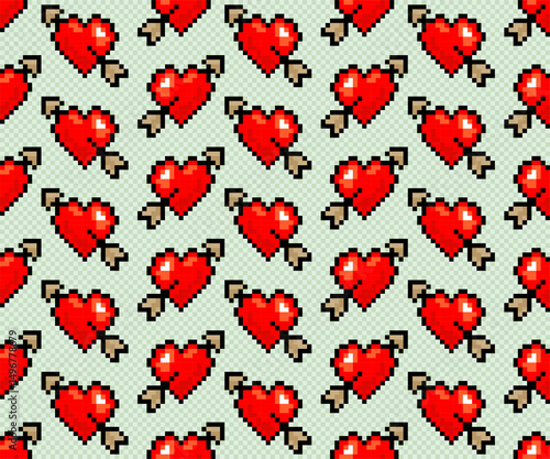 Seamless pixel background with heart and arrow.