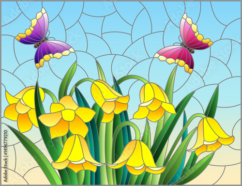A stained glass illustration with a bouquet of bellflowers flowers, composition on a blue background