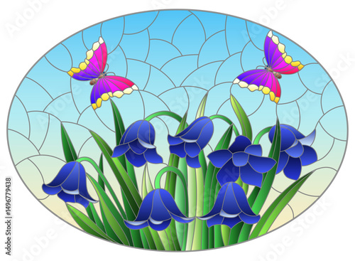 A stained glass illustration with a bouquet of bellflowers flowers, composition on a blue background