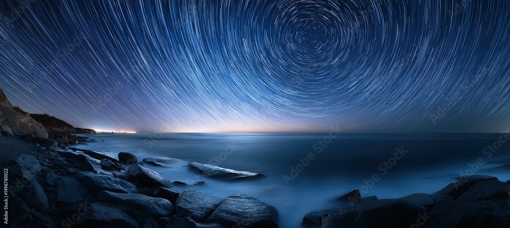 Fototapeta premium Long-Exposure Night Sky Over Ocean with Star Trails and Rock Silhouettes: Tranquil Yet Dynamic Nocturnal Dance