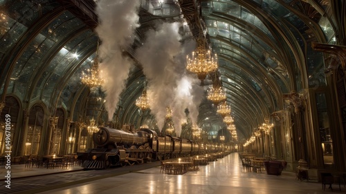 Vintage steam train in an elegant glass-ceiling station adorned with chandeliers, blending steampunk and fantasy styles.