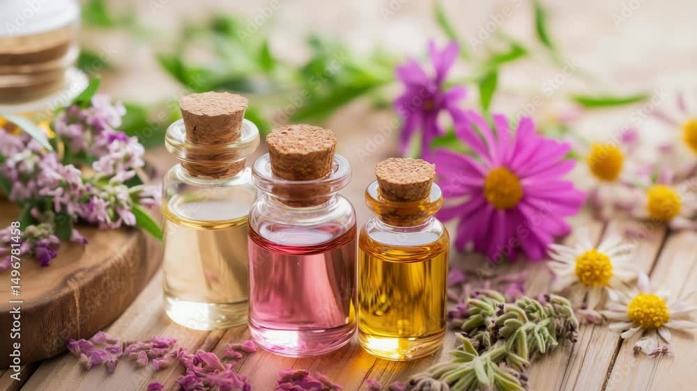 Bottles of essential oil surrounded by medicinal herbs resting on wooden table Bottles of essential oil surrounded by medicinal herbs resting on wooden table