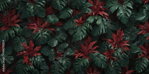 Luxurious dark green & crimson tropical leaf pattern, leaves, texture, jungle