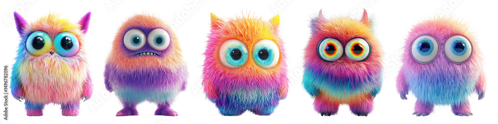 Fototapeta premium PNG Colorful fluffy cartoon creatures, element set on transparent background