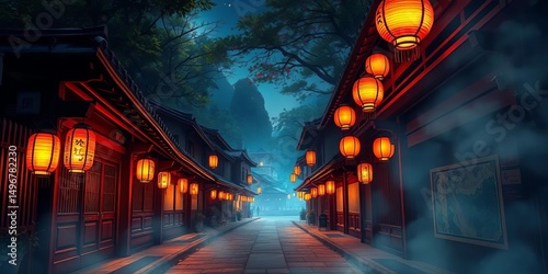 Ancient Japanese street at night, lanterns illuminate misty path, fantasy anime style, painting, fantasy