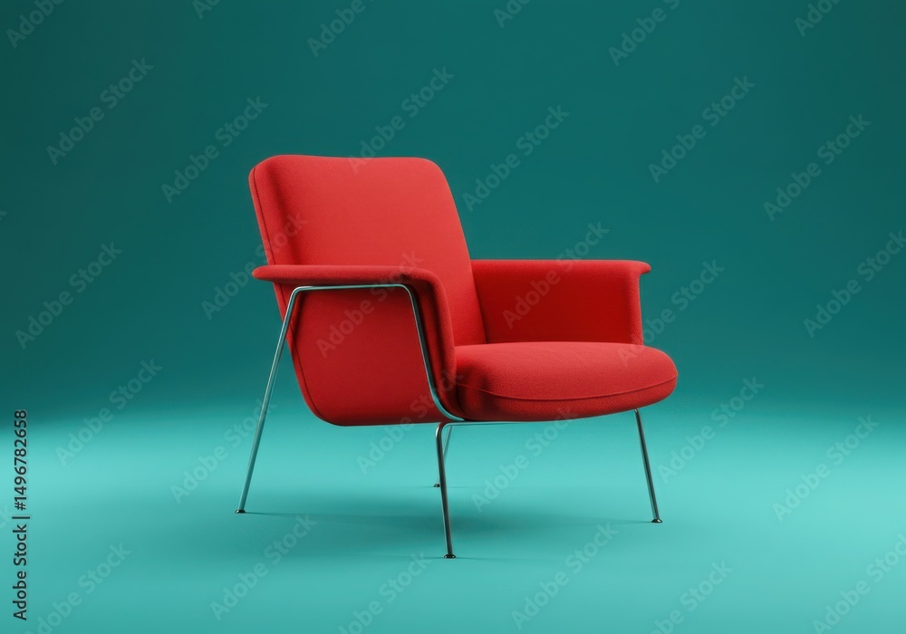 Red upholstered armchair with metal frame on a solid teal color background Red upholstered armchair with metal frame on a solid teal color background