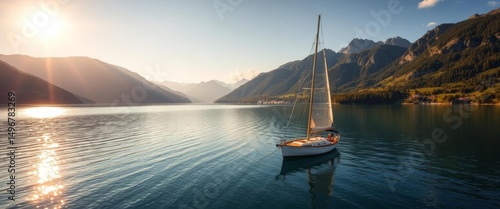 Austrian lake sailboat, mountain backdrop, summer sun, serenity, green forest