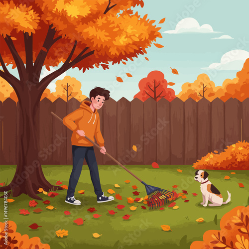 Raking Autumn Leaves in the Yard with Dog Watching
