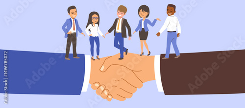 Cartoon illustration of a business team standing on two arms shaking hands. Vector drawing concept for cooperation, teamwork and strong business partnerships
