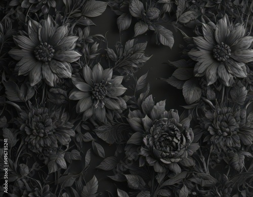 Intricate charcoal floral pattern, abstract botanicals  , illustration, wallpaper