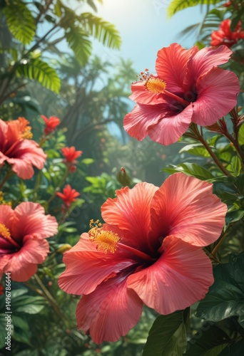 Vibrant hibiscus blooms burst forth in a tropical paradise ,  paradise,  still life,  flora
