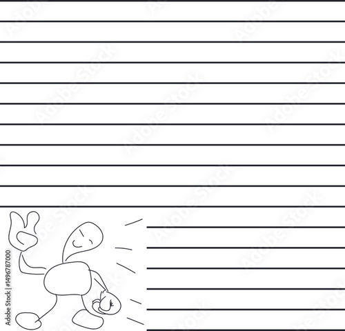 A notebook lined sheet with an alien or character drawn at the bottom.