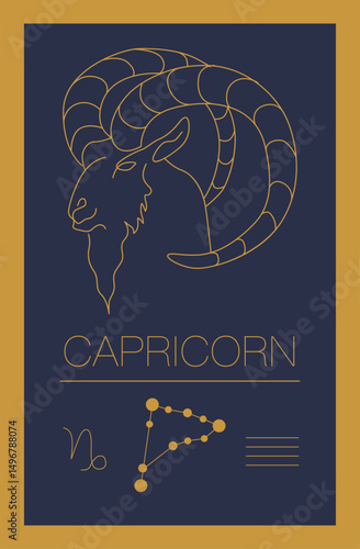 card with astrological zodiac sign capricorn, constellation, sign, element icon for horoscopes, forecasts, interpretations. linear trend illustration