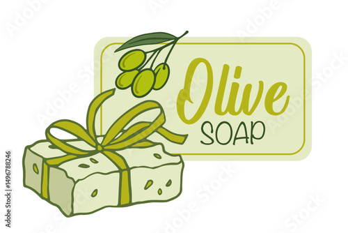 Illustration of handmade natural olive soap tied with a ribbon next to a rectangular label with an olive branch. Perfect for eco packaging, skincare advertising or soap branding.