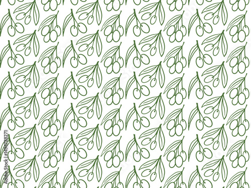 Vintage seamless pattern of hand-drawn ripe olives and olive branches. Engraved sketch style ideal for extra virgin olive oil packaging, textile, and branding.