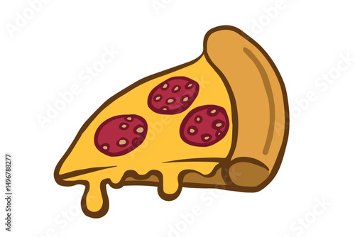 A fun illustration of a slice of pepperoni pizza with gooey cheese. Suitable for menus, stickers, packaging, posters, blogs and kids projects.