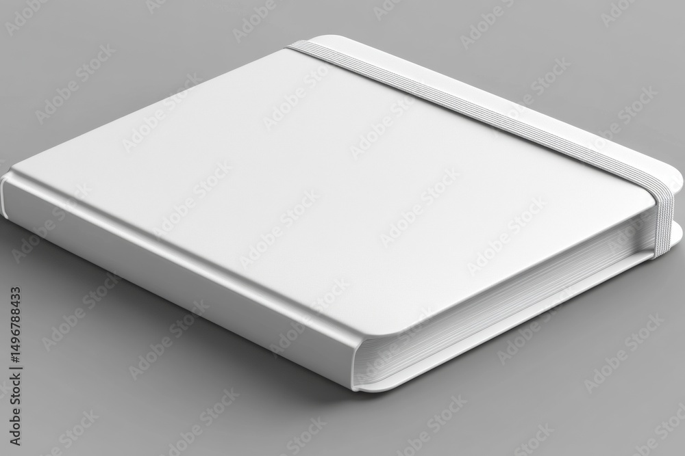 On a light grey background, a blank notebook is presented in a photorealistic mockup from the front On a light grey background, a blank notebook is presented in a photorealistic mockup from the front