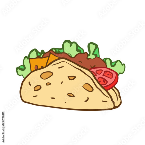 tacos delicious mexican food vector icon isolated on white background. doodle fajita tacos illustration with grilled meat, onions, salad and tomato wrapped in soft tortilla