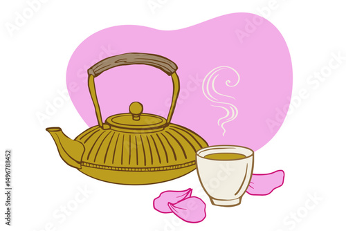 oriental teapot with cup and rose petals. Japanese cast iron kettle. Traditional asian teapot. Japanese tableware for tea ceremony. Green Tea Accessories.  Nanbu Tekki Pot for menu, poster