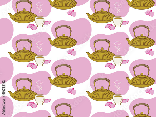 tea party seamless pattern with oriental teapot, bowl and rose petals isolated on white background. delicate texture coloring