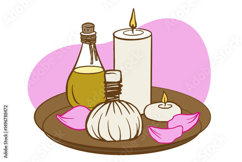 spa composition with massage oil, herbal compress, candles, and rose petals on a tray. hand drawn illustration for wellness ads, packaging, salon menu, or web design.