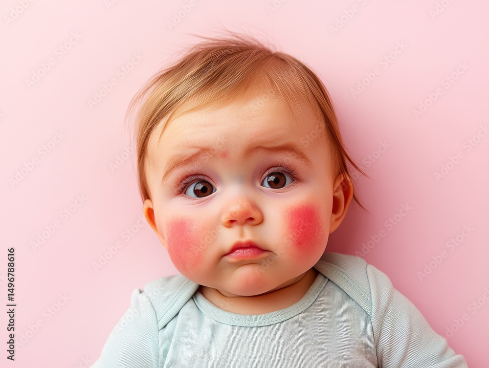 A baby with red cheeks and a fever patch on the forehead, looking tired, set against a light pink background A baby with red cheeks and a fever patch on the forehead, looking tired, set against a light pink background