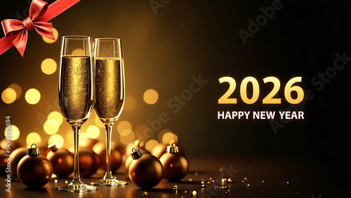 Luxurious New Year 2026 Greeting with Gold Ornaments and Festive Ribbon, New Years Eve Design with Drinks