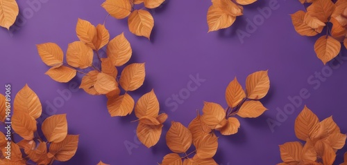 Delicate dry orange leaves, geometric violet backdrop, decorative, foliage, image