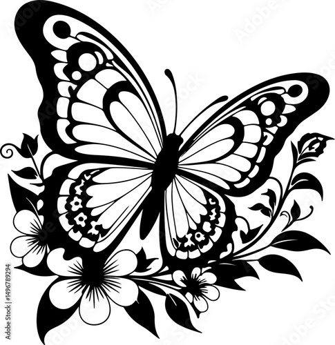 The image displays a sleek black silhouette of a butterfly with delicately patterned wings, poised as if in flight.