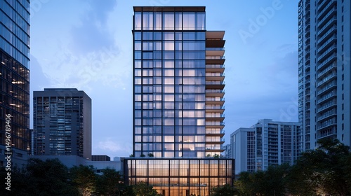 Modern glass high-rise building illuminated at dusk, surrounded by other skyscrapers and cityscape.