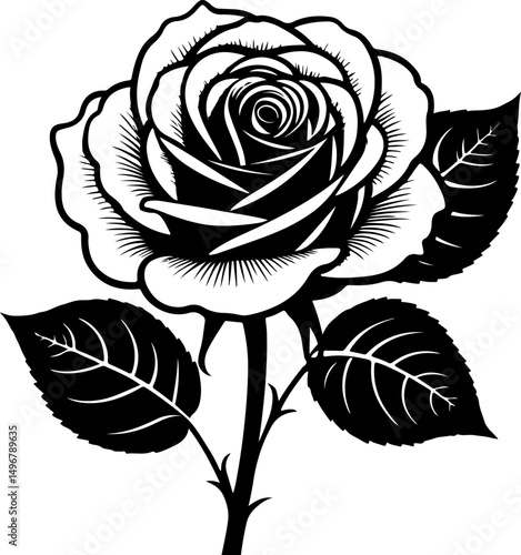 The image displays a classic black silhouette of a single rose, showcasing its full bloom with detailed petals, a thorny stem, and a few leaves.
