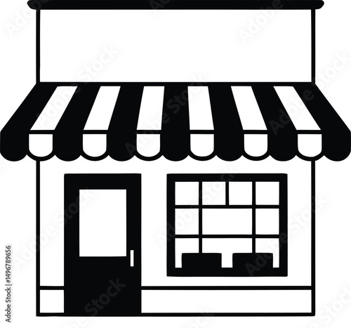 Simplified vector illustration of a shopfront depicting a store with a striped awning door and window in modern monochrome style