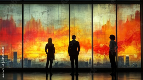 Strategic Gaze: Business figures stand silhouetted, observing a complex cityscape, reflecting on challenges and opportunities amid an ambiguous and dramatic urban backdrop.