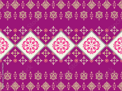 This fabric pattern is a combination of classic Damask and Geometric, creating a luxurious look that creates interest and a contemporary feel. Use wallpaper, curtains, rugs, pillowcases, blankets