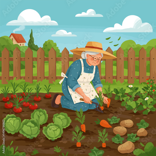 Person Gardening with Vegetables in Sunny Outdoor Garden Scene
