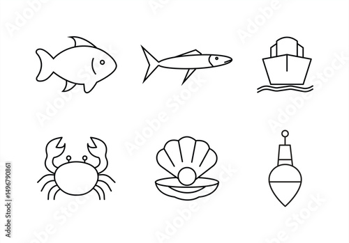 Set of outline icons of sea and ocean life – nautical and aquatic symbols for sea exploration: fish, corals, boats, crabs, shells, buoys.