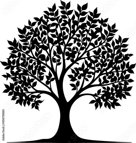 The image displays a robust black silhouette of a tree, featuring a thick, gnarled trunk that branches into a full, rounded canopy of dense foliage, rooted firmly on the ground.