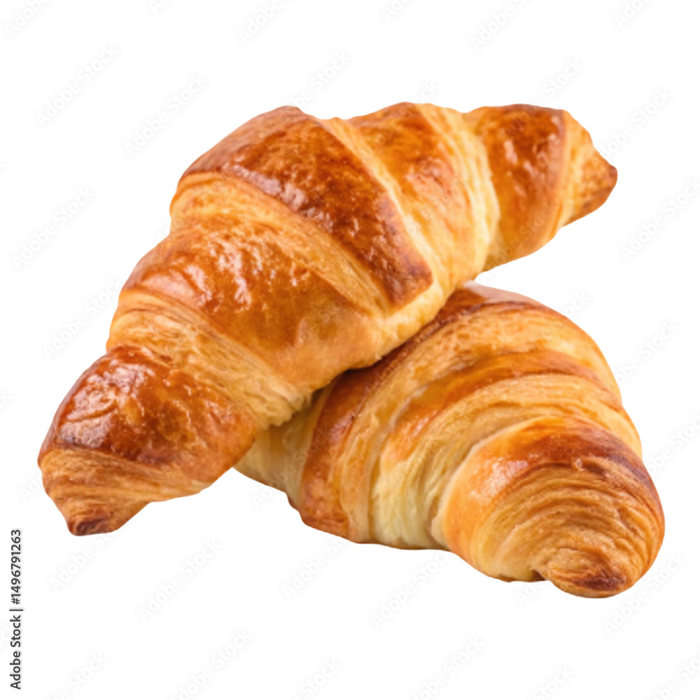 Two croissants stacked on each other with a golden brown crust on a white background in a studio shot Two croissants stacked on each other with a golden brown crust on a white background in a studio shot