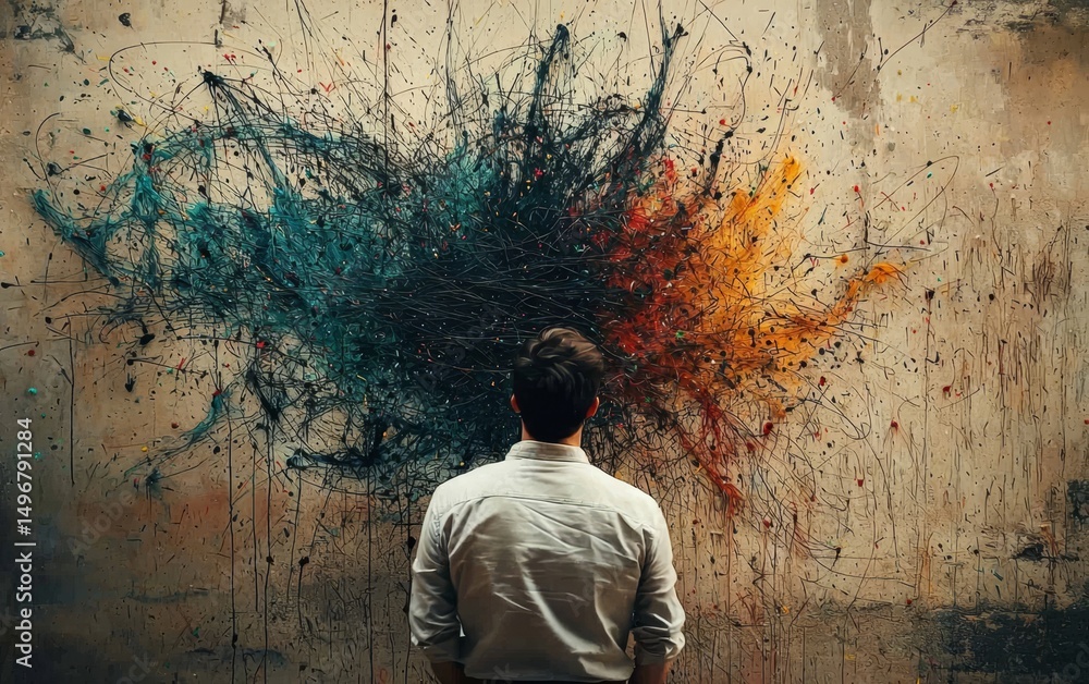 Obraz premium A man grapples with complex problem-solving in a chaotic mental landscape.