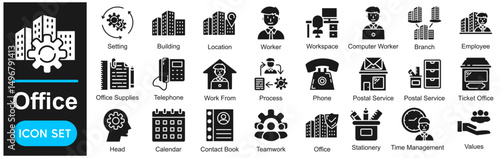 Office Vector Icons Collection related to Workplace, Business, Work, Employee, Worker, Desk, Computer, Building.