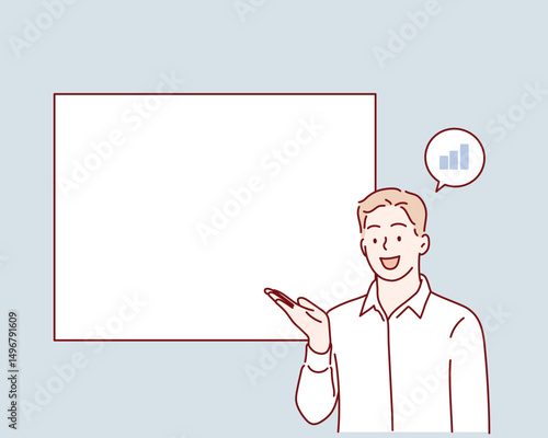 Business man Pointing at Empty Space. Hand drawn style vector design illustrations.