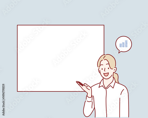 Businesswoman Pointing at Empty Space. Hand drawn style vector design illustrations.
