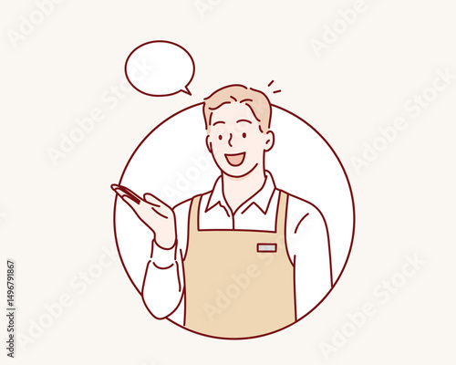 Store Clerk Assisting Customer with Service. Hand drawn style vector design illustrations.