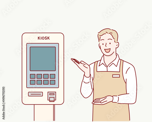 Store Clerk Assisting at Self-Service Kiosk. Hand drawn style vector design illustrations.