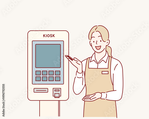 Store Clerk Assisting at Self-Service Kiosk. Hand drawn style vector design illustrations.