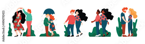 Man and Woman Couple Have Romantic Relationship Vector Set